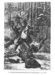 Fransmannen kunde platta till tre av dem med ett slag, illustration från Jorden runt på åttio dagar av Jules Verne (1828-1905) graverad av Henri Theophile Hildibrand (1824-97) 1873 (gravyr