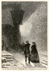En enorm skugga, föregången av ett fladdrande gult sken, ur Jorden runt på 80 dagar av Jules Verne (1828-1905), graverad av Adolphe François Pannemaker (1822-1900), 1873