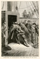 Följt av Passepartout med vingarna på ryggen, från Jorden runt på åttio dagar av Jules Verne (1828-1905), graverad av Adolphe François Pannemaker (1822-1900), 1873