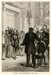 Här är jag herrar, sa han, från Jorden runt på åttio dagar av Jules Verne (1828-1905) graverad av Henri-Théophile Hildebrand (1824-97), 1873