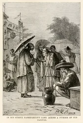 Under sin promenad stötte Passepartout på ett antal gamla infödda, från Jorden runt på åttio dagar av Jules Verne (1828-1905), graverad av Adolphe François Pannemaker (1822-1900), 1873