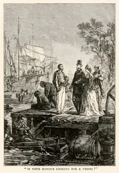 Letar din ära efter ett fartyg?, från Around the World in Eighty Days av Jules Verne (1828-1905), graverad av Louis Prevost, 1873