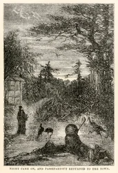 Natten kom och Passepartout återvände till staden, från Around the World in Eighty Days av Jules Verne (1828-1905), graverad av Louis Prevost, 1873
