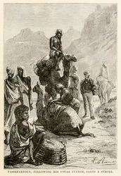 Passepartout tar, enligt sin vanliga sed, en promenad, från Jorden runt på åttio dagar av Jules Verne (1828-1905), graverad av Adolphe François Pannemaker (1822-1900), 1873