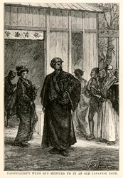 Passepartout gick ut dämpad i en gammal japansk dräkt, från Around the World in Eighty Days av Jules Verne (1828-1905), graverad av Louis Prevost, 1873