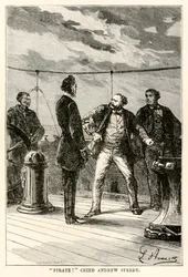 ”Pirater!” ropade Andrew Speedy, ur Jorden runt på åttio dagar av Jules Verne (1828-1905), graverad av Louis Dumont (f. 1822), 1873