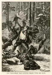 Fransmannen hade bedövat tre med knytnävarna, från Jorden runt på åttio dagar av Jules Verne (1828-1905) graverad av Henri-Théophile Hildebrand (1824-97), 1873