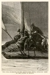 Kylan, ökad av den enorma hastigheten, berövade dem talets kraft, från Jorden runt på åttio dagar av Jules Verne (1828-1905) graverad av Adolphe François Pannemaker (1822-1900),