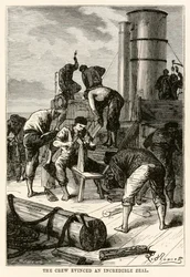 Besättningen visade en otrolig iver, från Around the World in Eighty Days av Jules Verne (1828-1905) graverad av Louis Dumont (f.1822), 1873