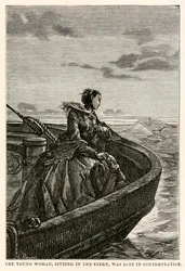 Den unga kvinnan, som satt i aktern, förlorades i kontemplation, från Jorden runt på åttio dagar av Jules Verne (1828-1905), graverad av Jean Louis Prevost, (1790-1850), 1873