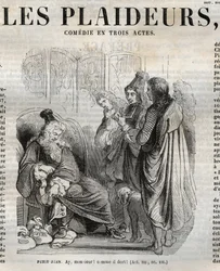 Les Plaideurs (1668) komedi i tre akter - graverad i "" verk av Jean Racine"" illustrerad av Pauquet och notis av Emile de La Bedolliere - 1851