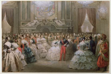 Drottning Victoria (1819-1901) och prins Albert (1819-61) vid en galamiddag anordnad av Napoleon III och Eugenie, 1853 (wc på papper)