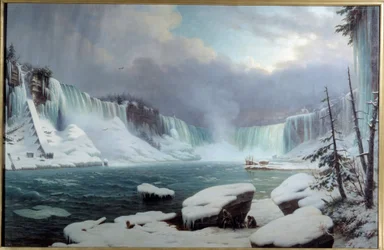 Den stora Niagara-starr, vintereffekt. Utsikt över Niagarafallen. Målning av Hippolyte Victor Valentin Sebron (1801-1879)