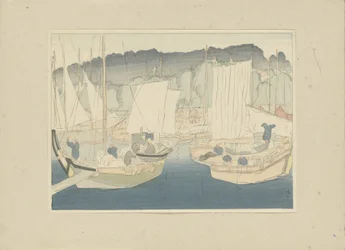 Båtar i hamnen i Shiogama Shiogama (titel på objekt) Del tre, Tôhoku-området (serietitel) Dai sanshû, Tôhoku no bu (serietitel på objekt) Tryck av japanska landskap (serietitel) Nihon fukei hanga (serietitel på objekt)