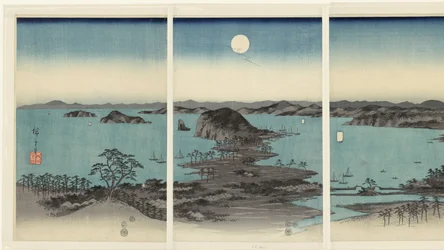 Kvällspanorama av de åtta vyerna av Kanazawa i Musashi provinsen Buyo Kanazawa hassho yakei (titel på objekt) Snow, Moon and Flowers (serietitel) Setsugekka (serietitel)