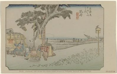 Fukuroi Nr 28. Fukuroi: en av de femtiotre uppmärksammade platserna på Tokaido, målad av Hiroshige (titel på objektet) De Tôkaidô van Hiroshige (serietitel) Hiroshige no fude Tôkaidô (serietitel på objekt)
