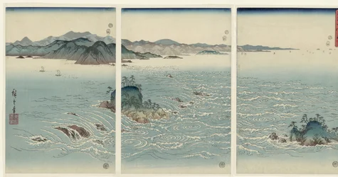 Utsikt över bubbelpoolerna vid Naruta i Awa-provinsen Awa Naruto no fukei (titel på objekt) Snow, Moon and Flowers (serietitel) Setsugekka (serietitel)