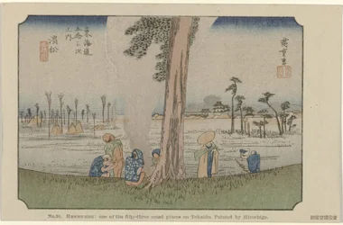 Hamamatsu Nr 30. Hawawatsu: en av de femtiotre uppmärksammade platserna på Tokaido, målad av Hiroshige De Tôkaidô van Hiroshige (serietitel) Hiroshige no fude Tôkaidô (serietitel på objekt)
