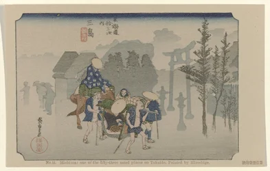 Mishima Nr 12. Mishima: en av de femtiotre uppmärksammade platserna på Tokaido. Målad av Hiroshige De Tôkaidô van Hiroshige (serietitel) Hiroshige no fude Tôkaidô (serietitel på objekt)