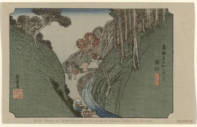 Okabe Nr 22. Okabe: en av de femtiotre uppmärksammade platserna på Tokaido, målad av Hiroshige (titel på objektet) De Tôkaidô van Hiroshige (serietitel) Hiroshige no fude Tôkaidô (serietitel på objekt)