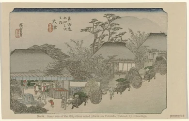 Otsu Nr 54. Otsu: en av de femtiotre uppmärksammade platserna på Tokaido, målad av Hiroshige (titel på objektet) De Tôkaidô van Hiroshige (serietitel) Hiroshige no fude Tôkaidô (serietitel på objekt)