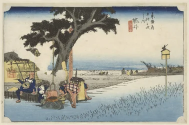Theehuis in de buitenlucht i Fukuroi Fukuroi, dechaya no zu (titel på objekt) De 53 stations van de Tokaido (serietitel) Tokaido gojusan tsugi no uchi (serietitel)