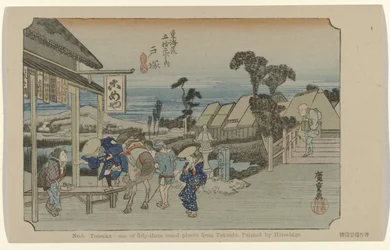 Totsuka Nr 6. Totsuka: en av de femtiotre uppmärksammade platserna från Tokaido. Målad av Hiroshige. (titel på objekt) De Tôkaidô van Hiroshige (serietitel) Hiroshige no fude Tôkaidô (serietitel på objekt)