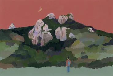 Man med ryggsäck som reser i bergen, 2015 (gouache på papper)