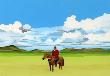 Mongoliska stäpper och människor som rider på hästar, 2015 (Gouache på papper)