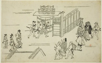 Entranse till Ageyacho, från seriens "Tee Apperanse Of Yoshiwara (Yoshiwara no Tei)", ca. 1681-84 (Odbocktryck; Sumizurie, Oban)