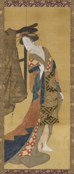 En kurtisan som står nära ett klädställ, Edo-period, tidigt 1800-tal.