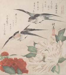 Spring Rain Collection Harusame shu, vol. 3: Svalor och pioner, ca. 1820., ca. 1820.