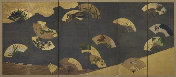 Fläktar och moln över stenar och vatten, Edo-period (bläck, färg, guld och silver på papper)