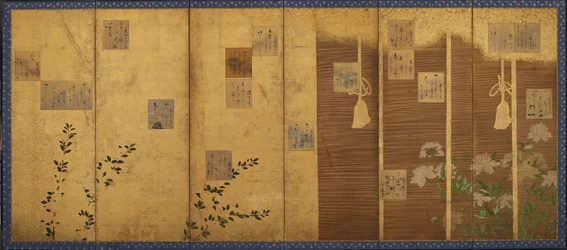 Fällbara skärmar monterade med dikter från antologin, Shin kokinshu, Edo-perioden, c1624-1637.