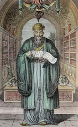 Kong-Fu-Tse, eller Konfucius, Kinas mest berömda filosof, graverad av Henry Fletcher (fl.1729) (senare färg)