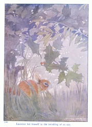 Laurence gömde sig på ett ögonblick, illustration från "More About the Squirrels" av Eleanor Tyrell, ca 1915 (färg litho)
