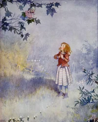 Den lilla jungfrun kunde inte nå fram till dockan, från "Vad månen såg" i en upplaga av "Sagor" av Hans Christian Andersen (1805-75) 1920 (akvarell på papper)