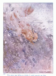 Snön föll så tjockt att jag knappt kunde se honom, illustration från "More About the Squirrels" av Eleanor Tyrell, ca 1915 (färg litho)