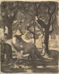En man som läser i en trädgård, 1825-79 (wc över svart krita, penna och bläck, tvätt och krita)