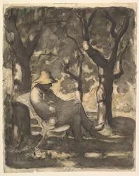 En man som läser i en trädgård recto, Preliminär skiss för en man som läser i en trädgård v..., ca. 1865.