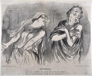 Andromaque-gravyr av Honore Daumier (1808-1879) i ""Le Charivari""". Palais Longchamp, Museum of Fine Arts i Marseille.