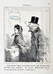Konstverk av Honore Daumier (1808-1879) Charivari: Serie FARIBOLES "" - Skulle du kunna hitta en ärlig förevändning för att länka konversation med denna unga modell?... Ah! Jag är här... fröken, jag måste sätta blommor på hatten!” KONSTMUSEET - PALACE LONG