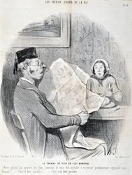 Konstverk av Honore Daumier (1808-1879). Charivari: Serie THE BEAUTY DAYS OF LIVE. Det allt mer monsterformatet "" -Vår tidning som meddelar att den snart kommer att utöka sitt format ytterligare för att vara behaglig för dig! är det möjligt gud? "MUSE DES