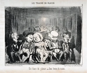 Konstverk av Honore Daumier (1808-1879) Charivari är från 1852: Serie LES TRAINS DE PLAISIR -Ett nöjeståg. – Klockan två på morgonen. MUSEET FÖR FINA KONST - PALACE LONGCHAMP, MARSEILLE