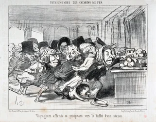 Konstverk av Honore Daumier (1808-1879) Charivari är från 1852: Serie PHYONOMIES DES CHAIN ​​​​DE FERR Hungriga resenärer rusar till buffén på en station MUSEE DES BEAUX ARTS - PALAIS LONGCHAMP, MARSEILLE