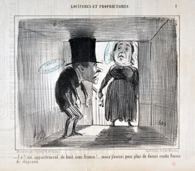Konstverk av Honore Daumier (1808-1879) Charivari är från 1854: Serie TENNIQUES AND OWNERS "Ca!... en lägenhet på åttahundra franc!... men jag kommer att använda mer än tolvhundra franc i hattar" MUSEE DES BEAUX ARTS - PALAIS LONGCHAMP, MARSEILLE