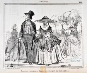 Konstverk av Honore Daumier (1808-1879) Charivari-datum från 1855: Serie Actualites "Nouvelles hats de dames, inventes par un mari jaloux" MUSEE DES BEAUX ARTS - PALAIS LONGCHAMP, MARSEILLE