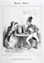 Konstverk av Honore Daumier (1808-1879). Charivari är från 1840: Serie PROVERBS ET MAXIMES "" som älskar Bertrand älskar sin hund "" MUSEE DES BEAUX ARTS - PALAIS LONGCHAMP, MARSEILLE