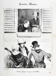 Konstverk av Honore Daumier (1808-1879). Charivari är från 1840: Serie PROVERBS ET MAXIMES "" Magsvält har inga öron "" "MUSEE DES BEAUX ARTS - PALAIS LONGCHAMP, MARSEILLE