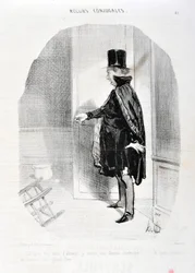 Konstverk av Honore Daumier (1808-1879). Charivari är från 1842: Serie MORES CONJUALES “” Himlen efter tre månaders frånvaro finner jag min fru demenagee och vilka minnen jag tvättar hennes store Gud! "" MUSEET FÖR FINA KONST - PALACE LONGCHAMP, MARSEILLE